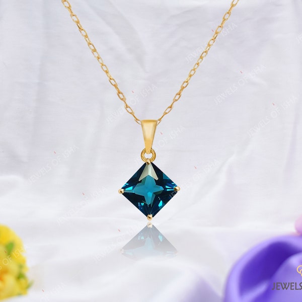 Princess Cut London Blue Topaz Necklace, 8mm Square Layering Necklace, 925 Silver or Gold Fill, Layering Minimalist Women Necklace, Gift Her