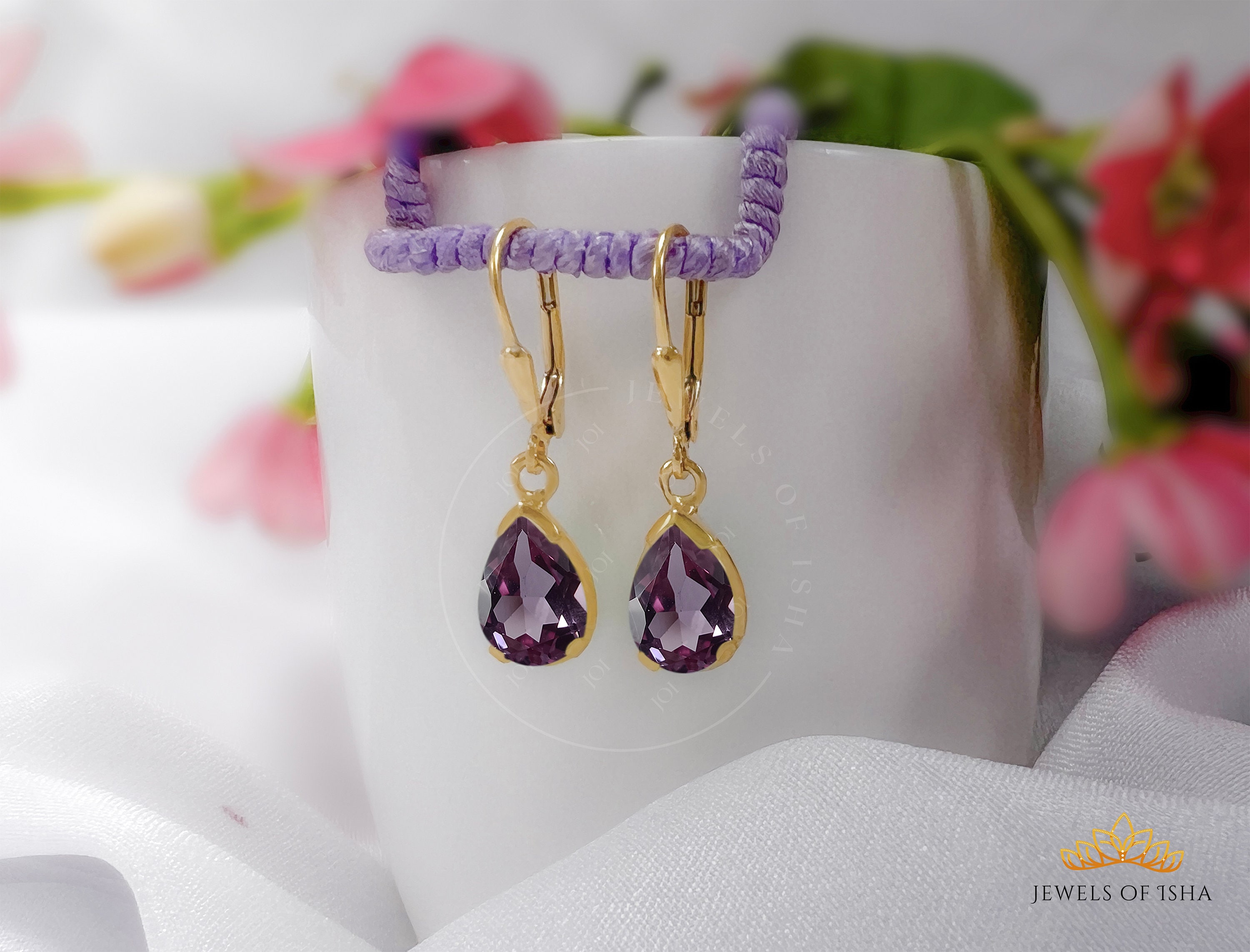 Alexandrite Teardrop Droplet Earrings, 925 Sterling Silver/14k Gold, Handcrafted Dangle Drop Earrings, Lever Back Style, Color Change Stone