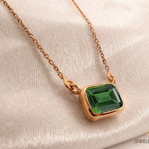 Green Tourmaline Necklace, 18k Gold Or 925 Silver, Solid Handmade Women Necklace, 7 x 9 Emerald Cut Tourmaline, Choker Layering Women Gift