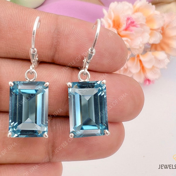 Classic Aquamarine Dangle Drop Earrings, Rectangle Emerald Cut 10 x 14 mm, 925 Solid Silver ,14k gold, Women Drop Earrings, Leverback Dangle