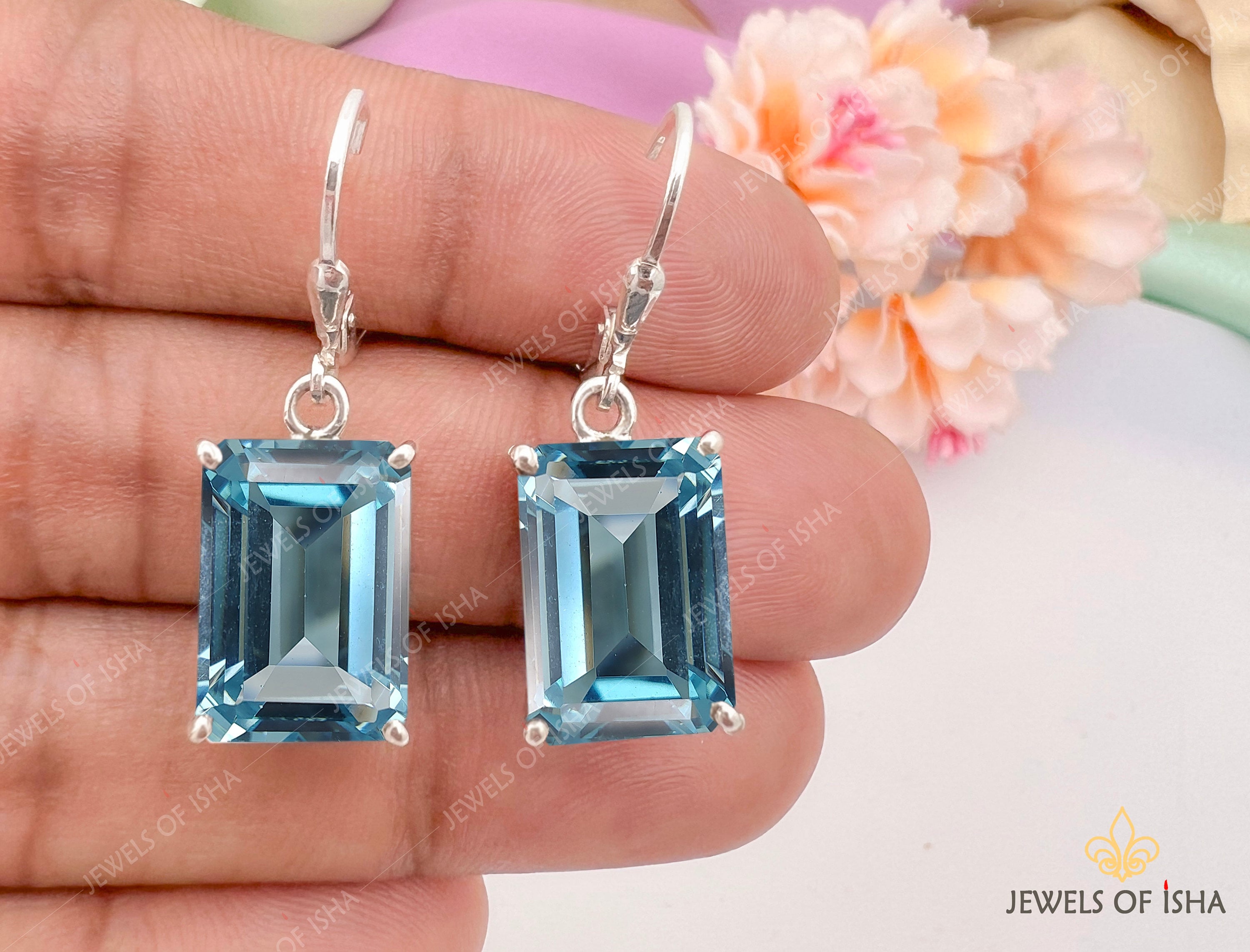 Classic Aquamarine Dangle Drop Earrings, Rectangle Emerald Cut 10 x 14 mm, 925 Solid Silver ,14k gold, Women Drop Earrings, Leverback Dangle