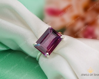 Alexandrite Cocktail Ring, Color Change Purple Blue Alexandrite, 10 x 14 Octagon Emerald Cut Prong Set, 925 Solid Silver or 18k Gold Fill