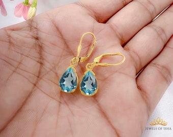 Aquamarine Droplet Earrings, Teardrop 7x10 Lever Back Style, 925 Silver, 14k Gold, Fine Minimalist Handcrafted Earrings, Wedding Anniversary