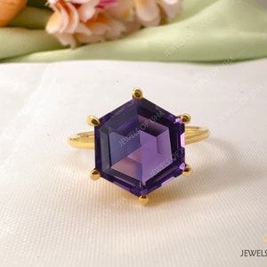 Amethyst Hexagon Ring 10 mm, 925 Silver or 18k Gold, Purple Stone Ring, Solitaire Ring, Cocktail Ring, February Birthstone, Geometric Ring