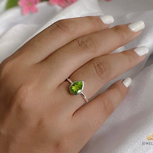 Dainty Peridot Pear Cut Ring, Solitaire Ring, 925 Silver Handcrafted Ring, 14k Gold,Rose Gold,6x8 Teardrop, August Birthstone, Everyday Ring