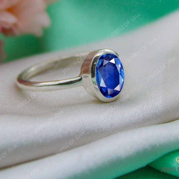 Sapphire Solitaire on 925 Solid Silver or 18k Gold Filled, Simple Handmade Ring, Dainty Oval 6 x 8 Oval Cur Sapphire, September Birthstone