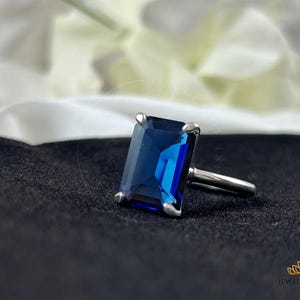 Anel de noivado com safira azul, retângulo de ouro 14k, 10 x 14 mm, corte esmeralda octogonal, pedra do mês de setembro, prata 925 sólida