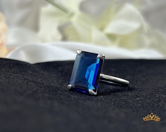 Blue Sapphire Statement Ring,14k Gold Rectangle 10x14 mm Engagement Ring, Octagon Emerald Cut Ring, September Birthstone Solid 925 Silver