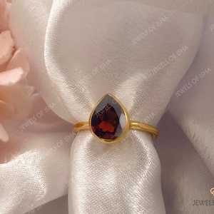 Dainty Garnet Ring Teardrop Garnet Ring, 925 Solid Silver Women Solitaire Ring, January Birthstone, Pear Cut Ring, 14k Gold, Gift For Her