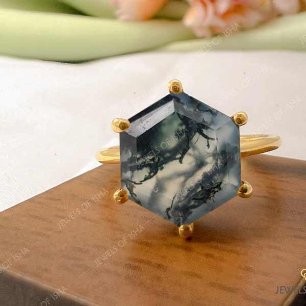 Natural Moss Agate Hexagon Ring, Solitaire 925 Sterling Silver or 18k Gold  Ring, Wedding Anniversary Women Gift Ring, Handmade Women Ring