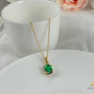 14k Gold Vermeil Oval Cut Emerald Pendant Necklace, MInimalist 8 x 10 mm Prong Necklace, 925 Silver Handmade, Classic Simple Prong Pendant