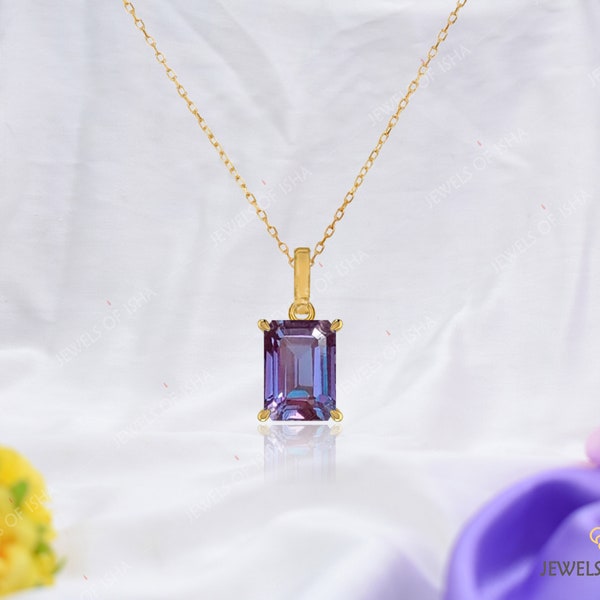 Alexandrite Solitaire Pendant, Emerald Cut 7 x 9 Rectangle Necklace,  14k Gold 925  Sterling Silver, Dainty Chain Layering Women Necklace