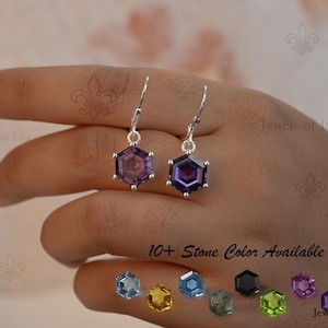 Alexandrite Dangle Drop Silver Earrings 10mm Hexagon Personalized Gemstone Gold Vermeil leverback Dangle Birthstone Earrings, Wedding Gift