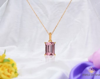 Morganite Solitaire Pendant 14k Gold, Emerald Cut 7x 9 mm Prong Necklace, 925 Silver Handmade Women Gift Necklace, Rose Gold, Pink Stone