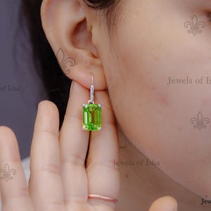 Rectangle Peridot Dangle Drop Earrings, Classic Leverback Everyday Women Earrings, Green Stone, August Birthstone, 925 Silver or 14k Gold