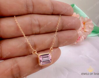 Morganite Necklace, Pink Morganite 7 x 9 Emerald Cut, 925 Silver or 18k Gold, Solid Handmade Women Necklace, Bridesmaid Wedding Jewelry Gift