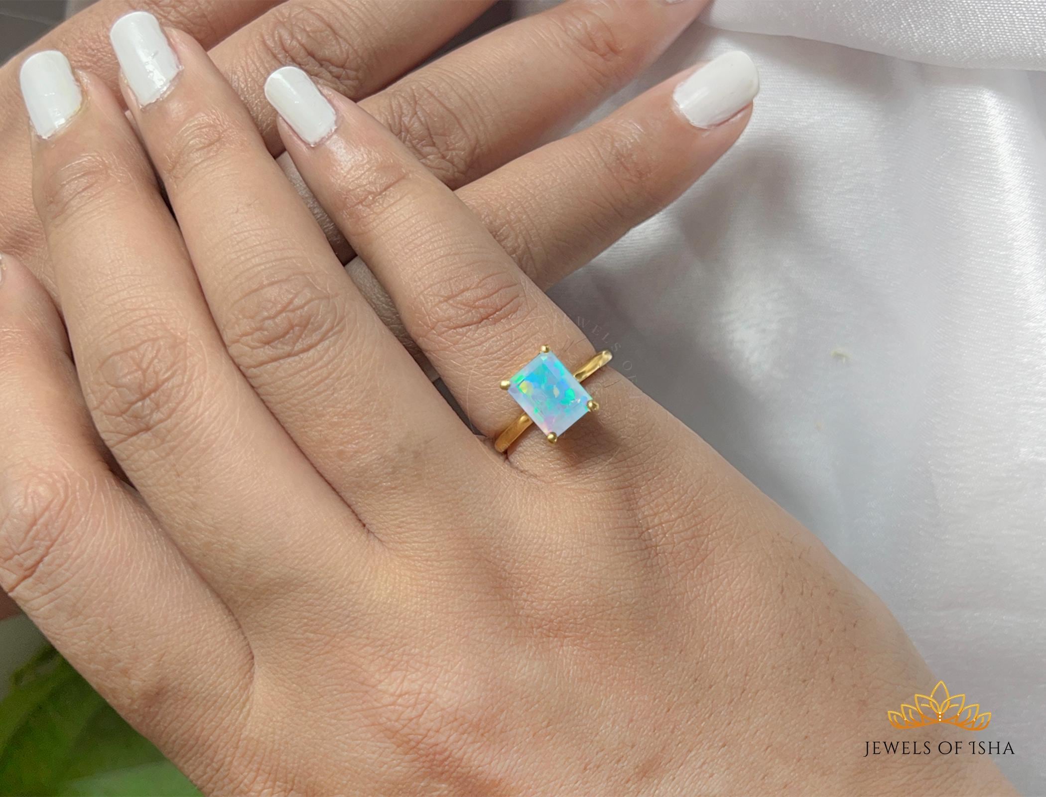 Dainty Fire Opal Ring, S925,14k Gold Vermeil, 7 x 9 Octagon Opal Wedding Ring, October Birthstone Emerald Cut, Engagement Ring, Gift for Her