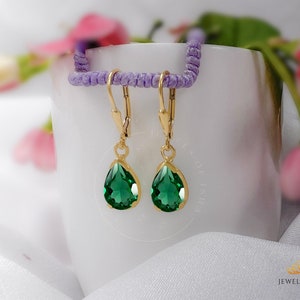 Smaragd Teardrop Tropfen Ohrringe, 925 Silber, 14 Karat Gold, Feine Handgefertigte Smaragd Quarz Ohrringe Für Sie, Lever Back Style, Brautjungfer Geschenke