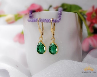 Emerald Teardrop Droplet Earrings, 925 Silver,14k Gold, Fine Handcrafted Emerald Quartz Earrings For Her, Lever Back Style, Bridesmaid Gifts