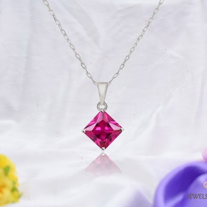 Princess Cut Rubellite Solitaire Necklace, 8mm Square Robellite Tourmaline Pendant Necklace, 925 Silver or Gold Filled, Minimalist Necklace image 5
