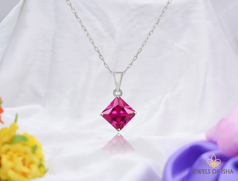 Princess Cut Rubellite Solitaire Necklace, 8mm Square Robellite Tourmaline Pendant Necklace, 925 Silver or Gold Filled, Minimalist Necklace image 5