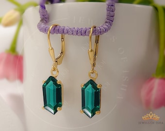 Delicate Teal Sapphire Earrings, Hexagon Dangle Drop Earrings, Secure Leverback Earrings, Fine Handmade Silver or Gold Vermeil, Gift For Her