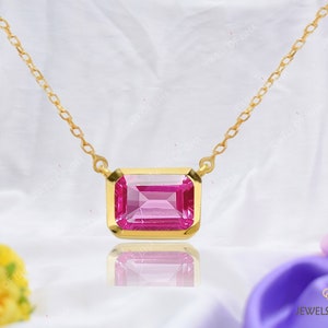 Pink Tourmaline Dainty Solitaire Pendant Necklace, Octagon Emerald Cut Tourmaline Necklace, Minimalist Everyday Women Necklace