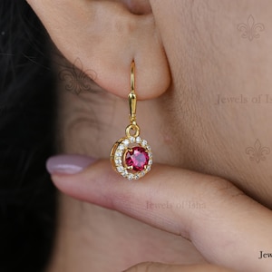 Ruby Drop Earrings, Halo Ruby Earrings, 14k Gold Vermeil, 925 Silver, Lever backs