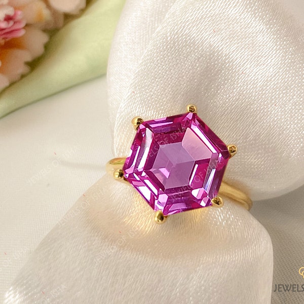 Pink Tourmaline Ring, Solitaire Hexagon Pink Ring 18k Gold , Wedding Ring, Anniversary Ring, Birthstone Ring, Solid Silver Handmade Ring