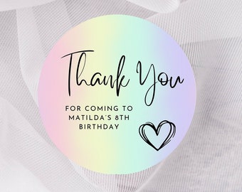 Rainbow pastel stickers, Thank you for coming to my party stickers, Goodie bag stickers, thank you stickers, five sizes, name stickers