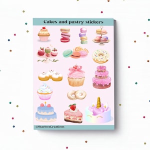 May include: A sheet of stickers featuring various cakes and pastries, including cupcakes, donuts, macarons, and a unicorn cake. The stickers are on a pink background with the text "Cakes and pastry stickers" at the top and "StarboxCreations" at the bottom.