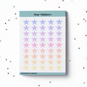May include: A sheet of star stickers in a gradient of colours, from blue to purple, pink, orange, and yellow. The text "Star Stickers" is at the top, and the @StarboxCreations logo is at the bottom.