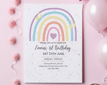 Personalised Rainbow birthday party invitations,  pastel colour  12 personalised invitations  includes envelopes