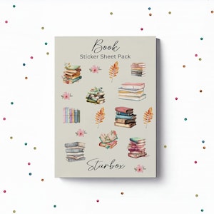 May include: A sticker sheet pack with the text "Book Sticker Sheet Pack" and the word "Starbox" at the bottom. The sheet features watercolour illustrations of stacks of books with autumn leaves and flowers.