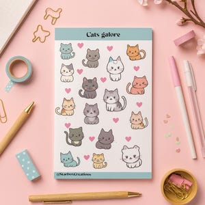 Cat Sticker Sheet,  Cute Kawaii Stickers for Journaling, Planner, Scrapbook & Gifts,  A5 size