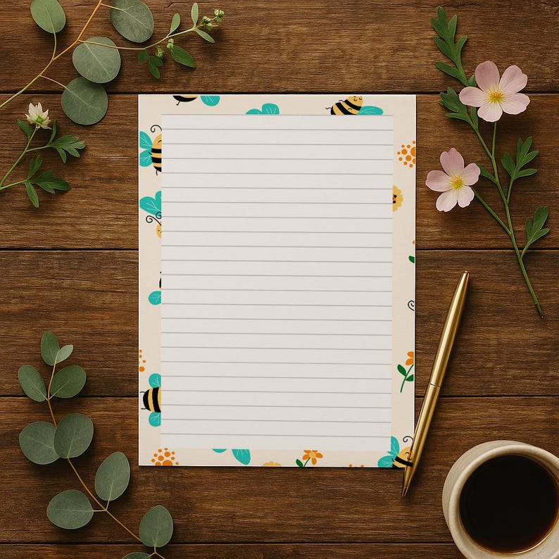 May include: A lined notepad with a bee and floral border. The notepad is cream-colored with a pattern of bees, flowers, and blue cloud shapes. A gold pen and a cup of coffee sit next to the notepad on a wooden surface.