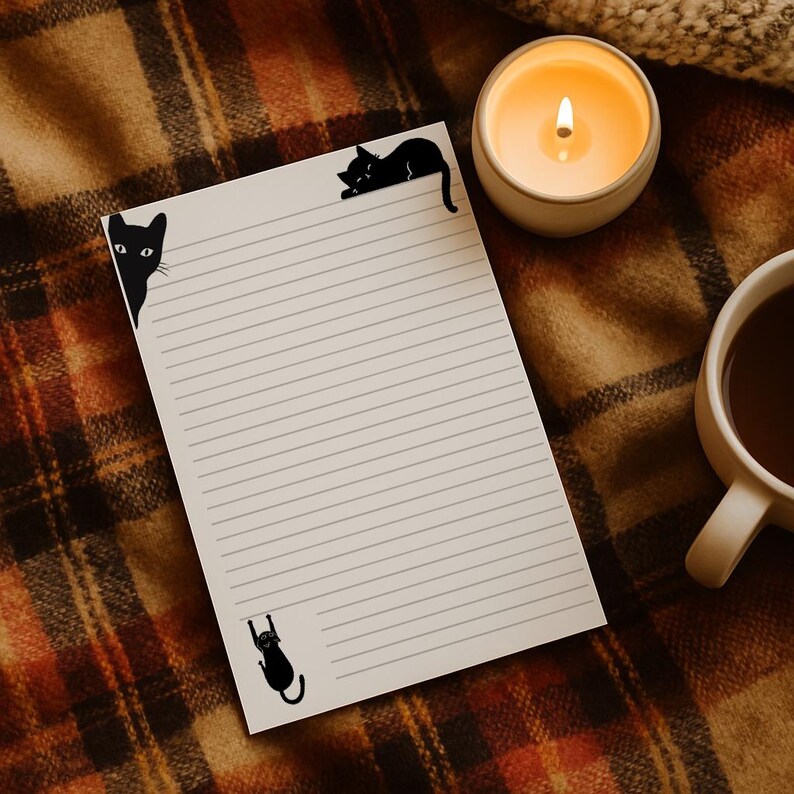 May include: A lined notepad with black cat corner designs, a lit candle, and a mug of dark liquid on a plaid blanket. The notepad features three black cat silhouettes in the corners, adding a whimsical touch to the stationery.