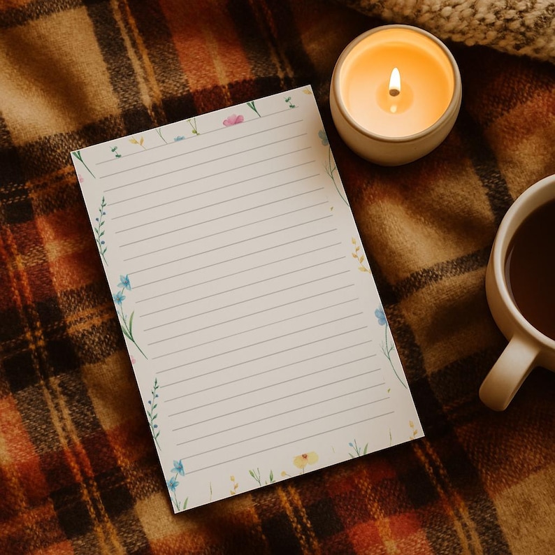 May include: A lined notepad with floral accents in blue, yellow, and pink, rests on a plaid blanket. A lit candle in a white holder and a mug of dark liquid are also present, creating a cozy scene.
