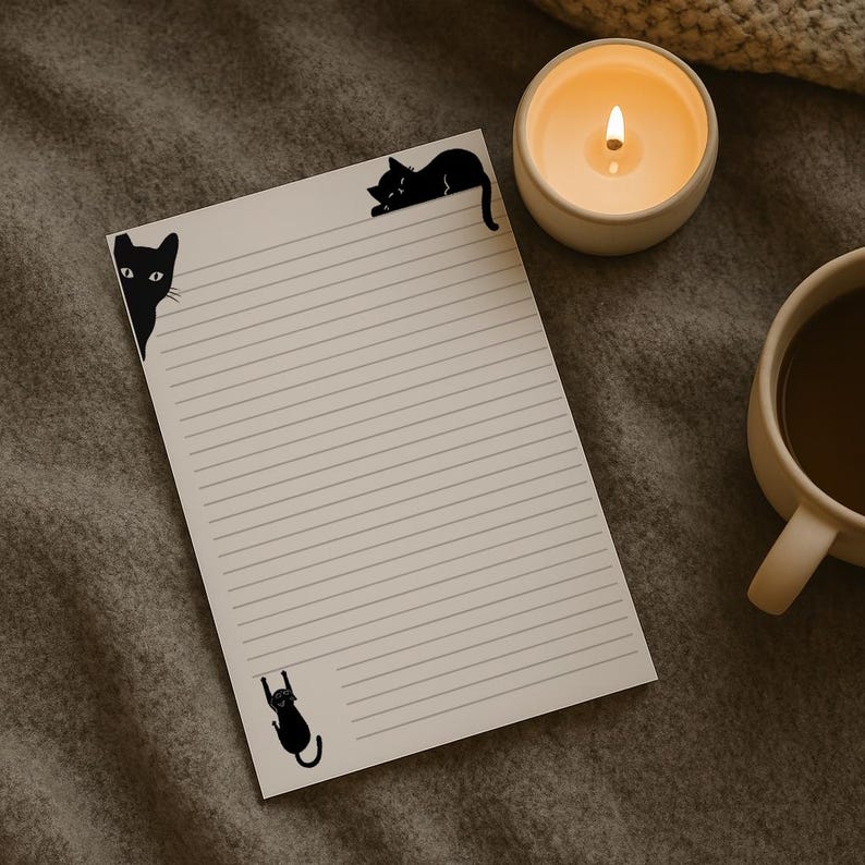 May include: A lined notepad with black cat illustrations in each corner. A lit candle in a white ceramic holder and a mug of coffee sit next to the notepad on a gray surface.
