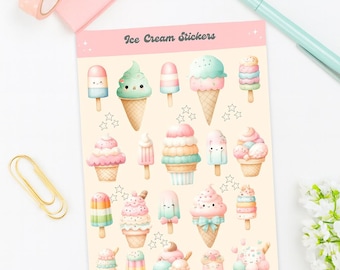Cute Ice Cream Planner Sticker Sheet for Journaling, Scrapbooking, Bullet Journal and Stationery Lovers, gloss paper
