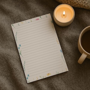 May include: A lined notepad with a floral border featuring blue, pink, and yellow flowers. A lit candle in a cream-colored holder and a mug of coffee sit nearby on a gray surface. The notepad is angled towards the viewer.