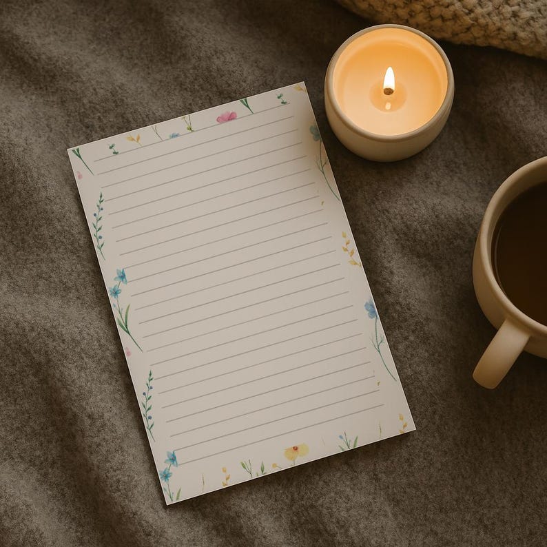 May include: A lined notepad with a floral border featuring blue, pink, and yellow flowers. A lit candle in a cream-colored holder and a mug of coffee sit nearby on a gray surface. The notepad is angled towards the viewer.