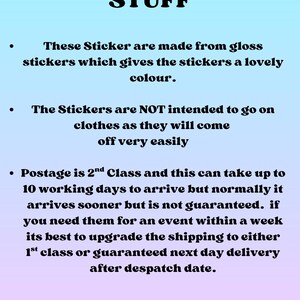 May include: Text on a gradient blue background reads "THE IMPORTANT STUFF". The text below explains that the stickers are made from gloss stickers, are not intended for clothes, and shipping information.