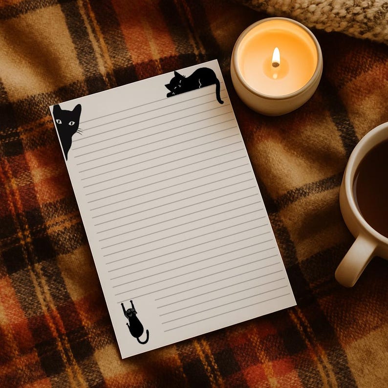 May include: A lined notepad with black cat corner designs, a lit candle, and a mug of dark liquid on a plaid blanket. The notepad features three black cat silhouettes in the corners, adding a whimsical touch to the stationery.