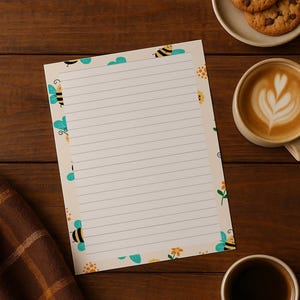 May include: A lined notepad with a bee and flower design, alongside a cup of coffee, a latte with latte art, and two chocolate chip cookies on a plate. A brown plaid cloth is also present.