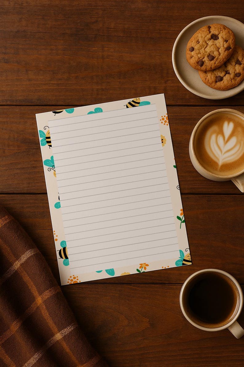 May include: A lined notepad with a bee and flower design, alongside a cup of coffee, a latte with latte art, and two chocolate chip cookies on a plate. A brown plaid cloth is also present.