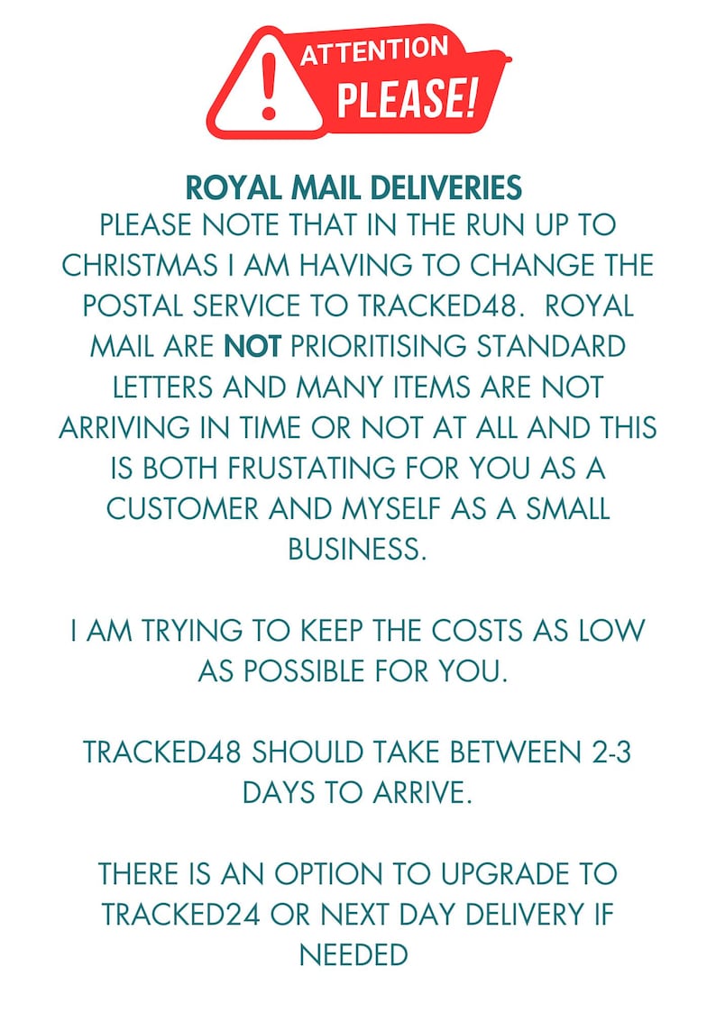 May include: A white background with text in a teal font. The text includes a red banner that says "ATTENTION PLEASE!". The text explains changes to postal services for Christmas, including the use of Tracked48 and options for faster delivery.