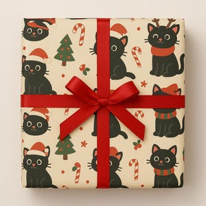 Black Cat Christmas Wrapping Paper, Cute Holiday Gift Wrap, Festive Cats & Candy Canes, Cream Background, Cartoon Xmas Paper
