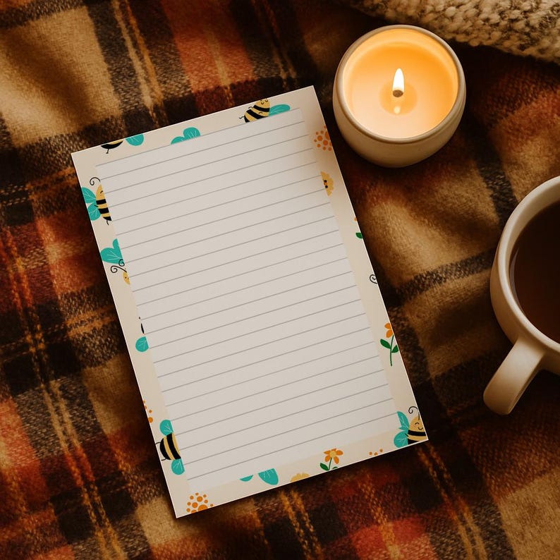 May include: A lined notepad with a bee and flower border. The notepad is cream-colored with gray lines and a decorative border featuring bees, flowers, and blue cloud accents. A lit candle and a mug of coffee sit nearby on a plaid blanket.