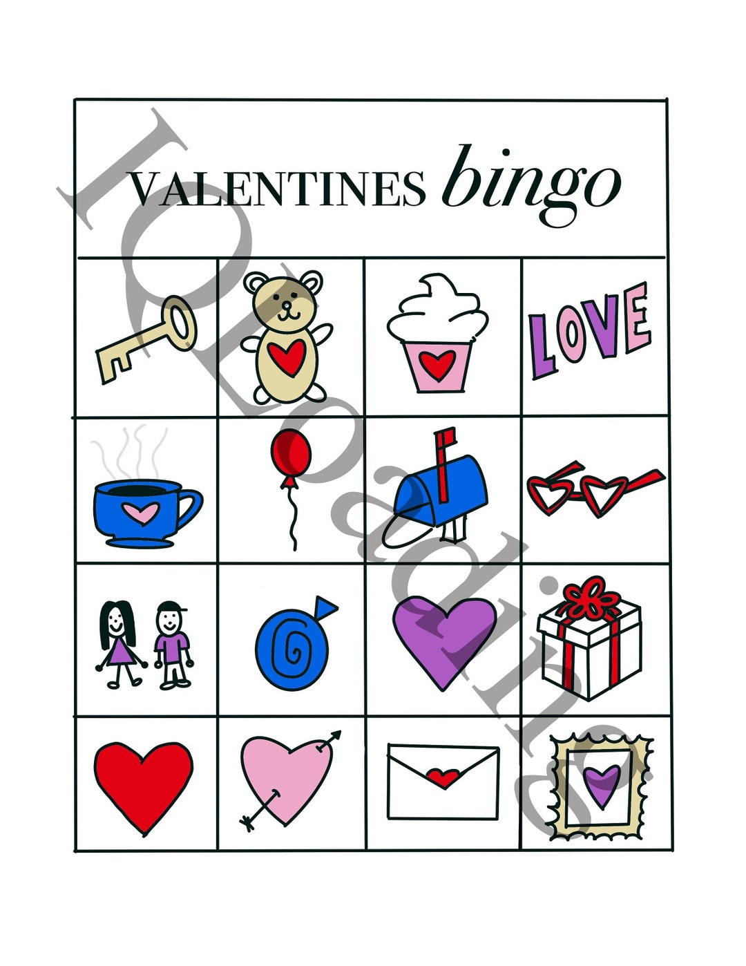 Valentines Day BINGO Card Activity Sheet Printable Instant Download for Teachers for Kids